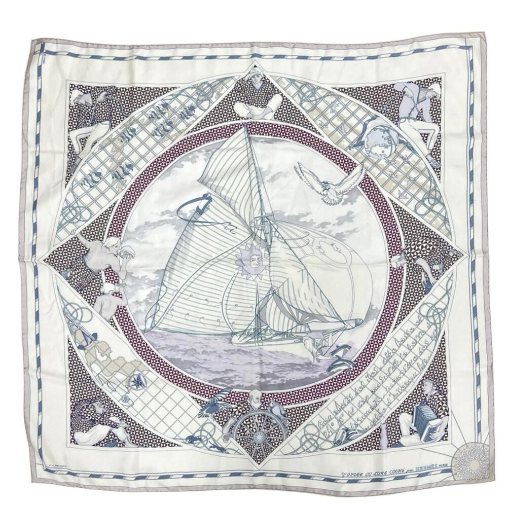 HERMES Voyage au Long Cours (Ocean Voyage) Carre 90 Silk Scarf/Muffler, White...
